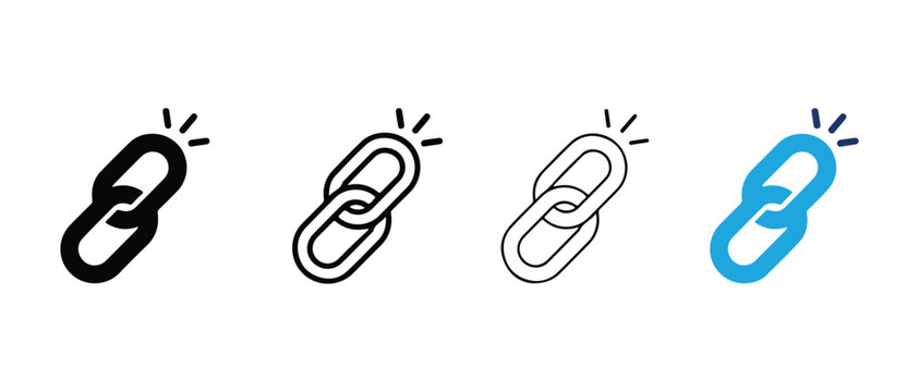 Chain link icons in black line and blue colors with spark effect  chain link symbols for web design and technology concepts