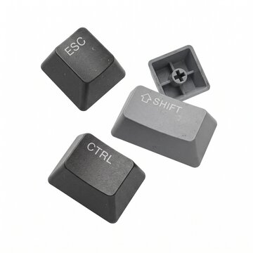 Mechanical keyboard keycaps set, black and grey ESC CTRL SHIFT keys, plastic computer hardware components on white background