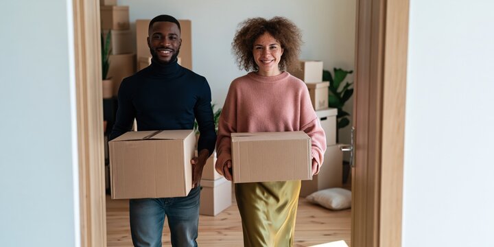 Smiling couple carrying packed boxes inside a bright new home for moving day background and lifestyle banner