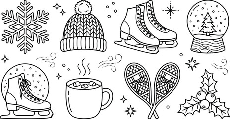 Winter holiday doodle vector set with snowflake beanie hat ice skates snow globe hot cocoa snowshoes and holly berry © Mstshneha