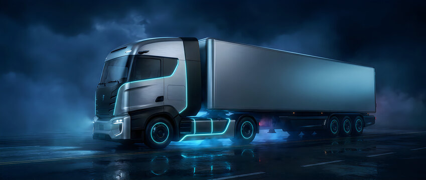 Futuristic semi-truck driving on a dark highway with neon blue underglow lights. High-tech electric cargo transport vehicle with glowing LED accent...