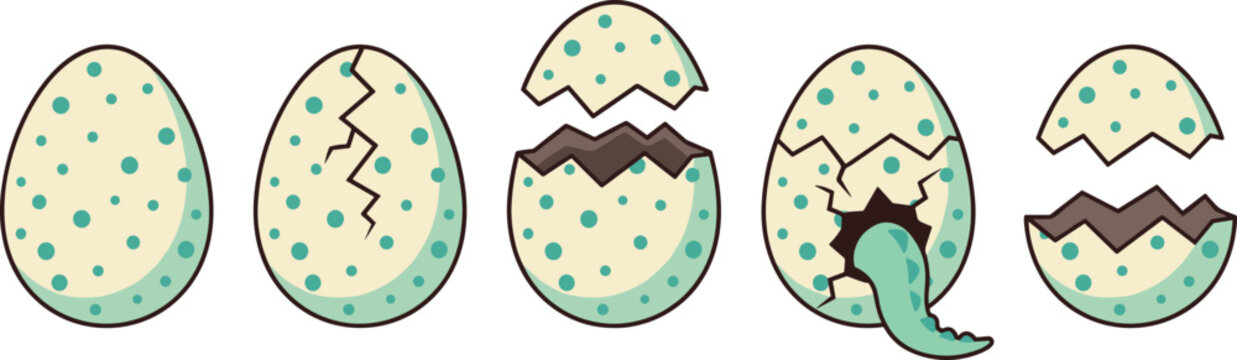 Cartoon Dinosaur Egg Hatching Sequence Vector Set with Cracked Shells Spotted Patterns and Dino Tail for Prehistoric Game Asset and Kids Graphic Designs