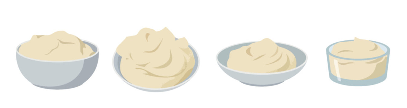 Creamy mayonnaise and sauce dips in bowls vector set, minimalist watercolor style garlic aioli illustration, white cream condiment isolated on white background.