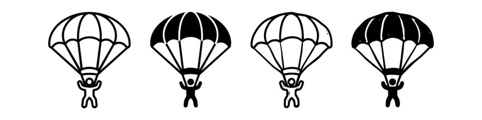 Set of hand-drawn skydiver icons with parachutes in doodle style. Minimalist black and white sketches for adventure and extreme sports design. © Nort Kor