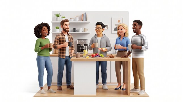 A diverse group of five people gathered in a modern kitchen, smiling and interacting. The scene depicts a friendly and inclusive atmosphere with natural lighting in white background.