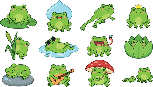 Cute Green Frog Cartoon Character Set with Funny Toads in Pond Activities Featuring Lily Pad Tadpole Crown Mushroom Umbrella Guitar and Lotus Clipart Vectors