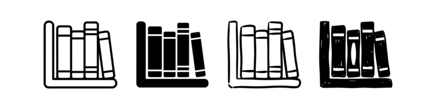 Set of four book shelf icons in various styles: outline, solid black, and hand-drawn doodles. Ideal for library, education, and literary projects. Minimalist black and white design.