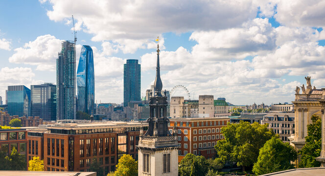 London view, skyscrapers on south embankment and London Eye at distance 
