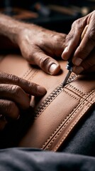 Fototapeta premium Medium shot capturing the detailed process of attaching luxurious leather seating panels emphasizing fine stitching and material quality in a stylish interior workspace.