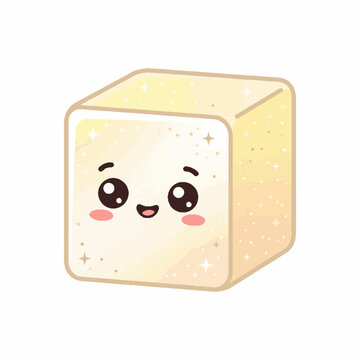 Cute kawaii tofu cube character vector illustration with a happy smiling face.