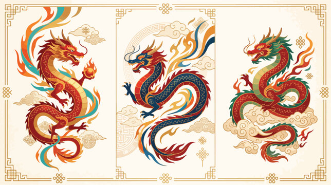 Three colorful chinese dragon vector illustrations featuring intricate scales and flowing fire patterns displayed within a traditional ornate decorative frame