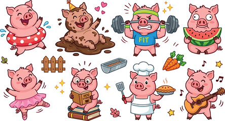 Cute Pig Cartoon Character Mascot Vector Set Featuring Funny Piglets Swimming Playing in Mud Gym Workout Eating Watermelon Dancing Reading and Cooking Clipart © Najir
