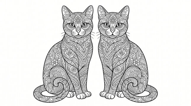 Two Ornate Zentangle Cats Illustration with Intricate Floral Patterns for Adult Coloring Book