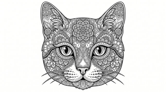 Cat Face Illustration with Intricate Zentangle Patterns for Coloring Book or Vector Art
