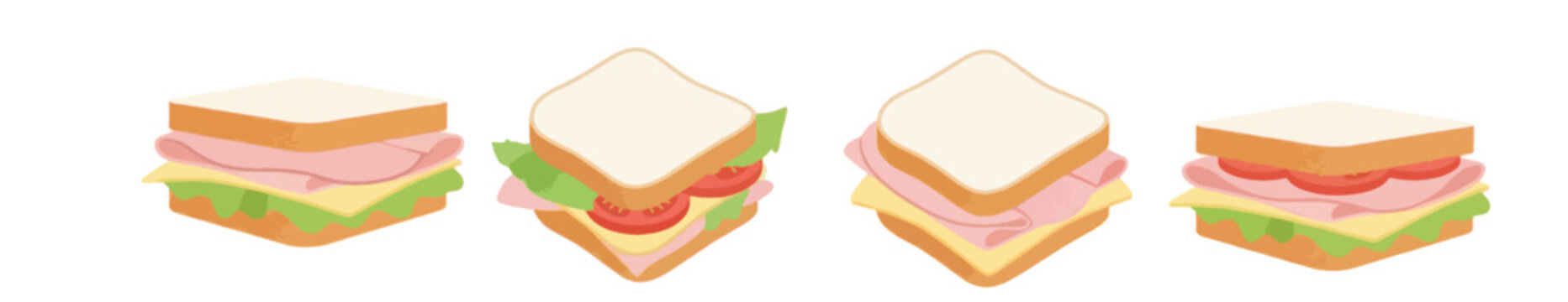 Gourmet ham and cheese sandwich vector set, minimalist watercolor style club sandwich illustration, double decker BLT sandwich and toast isolated on white background.