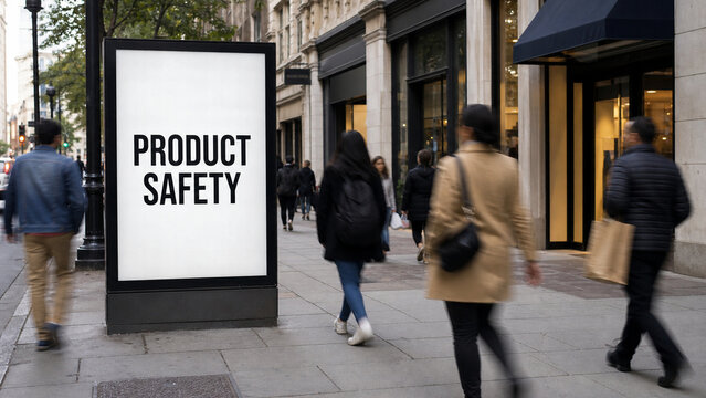 Urban street scene with a product safety message on an illuminated sidewalk sign as blurred pedestrians pass storefronts.