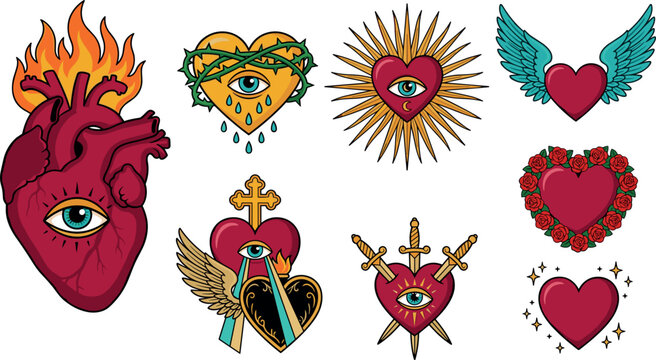 Old School Tattoo Style Sacred Heart Vector Elements Set featuring Anatomical Burning Hearts with Eyes Thorns Wings Swords Cross and Roses