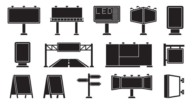 Collection Of Road Signage And Digital Billboards Black Silhouette