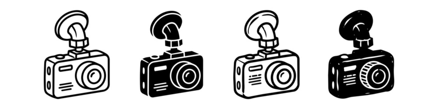 Set of four dashcam icons in different black and white styles, including outline and solid versions, ideal for automotive technology and vehicle security graphics.