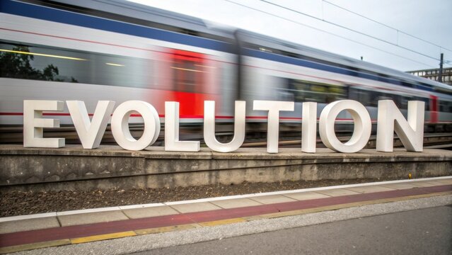 Artistic representation of the word evolution with a moving train in the background showcasing change and progress in motion