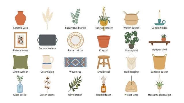 Home Decor Essentials: A curated collection of modern boho-style home decor items, including ceramic vases, macrame planters, woven baskets, and wooden shelves, offering a touch of natural elegance.