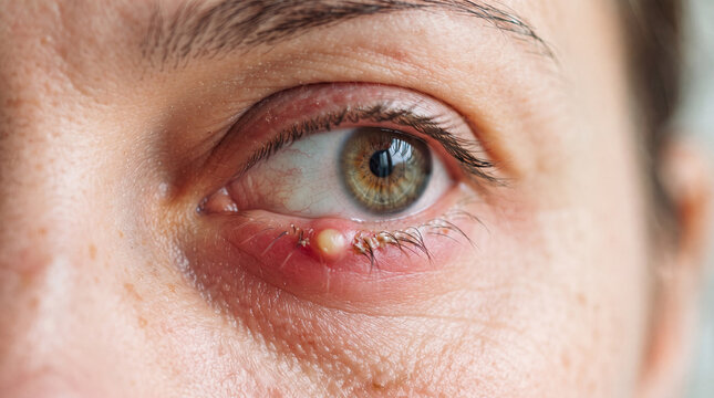 Eye stye inflammation swollen eyelid red eye eyelid infection eye irritation human eye close up medical symptom inflammation pus bump tenderness tear duct eye health skin redness upper eyelid