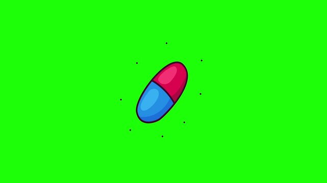Animated pill capsule doodle icon, hand-drawn flat vector line art with wiggle effect, looping motion graphic for medicine, pharmacy and health design