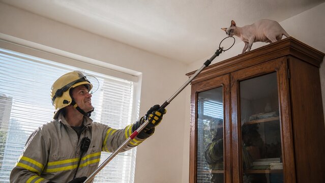 Firefighter in protective gear using a rescue pole to safely reach a curious hairless cat standing on top of a tall wooden cabinet inside a bright home with natural window light.