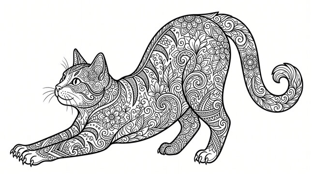 Stretching Cat Zentangle Coloring Page with Ornate Mandala Pattern Illustration