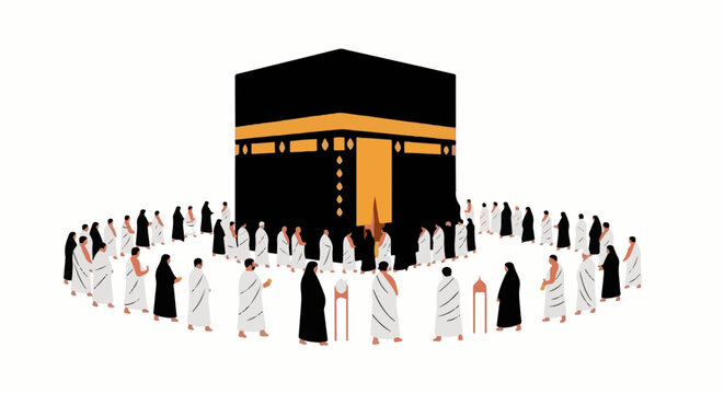 People in traditional attire circumambulate a cubical structure with gold trim