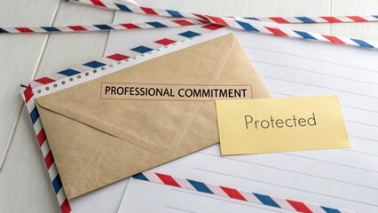 Fototapeta premium Brown envelope with letter, professional commitment note, and blank sheet near colorful paper strips on wooden table