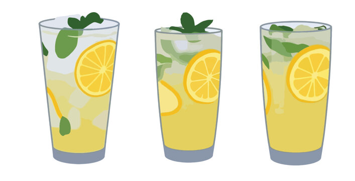 Fresh summer cocktails and mocktails vector set, minimalist watercolor style mojito and iced tea illustration, refreshing lemonade glasses with lemon and lime slices isolated on white background.