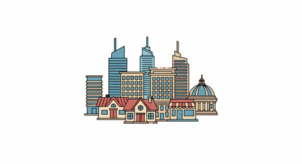 Obraz premium Illustrated cityscape with residential and commercial buildings