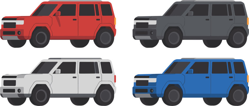Modern SUV cars vector illustration collection featuring colorful crossover utility vehicles isolated on white background