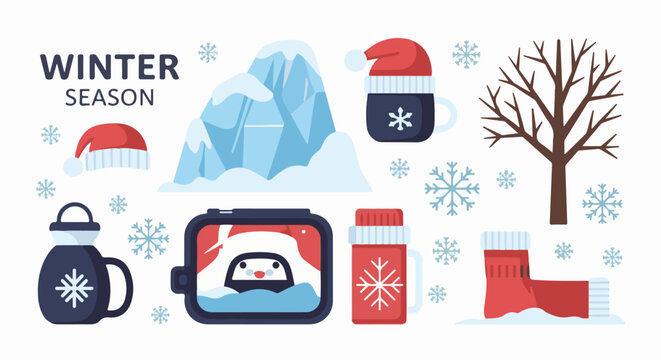 Winter season with snow hats mugs a penguin and a bare tree
