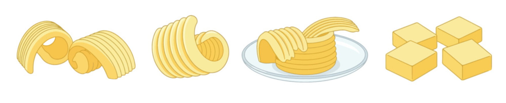 Gourmet butter curls and swirls vector set, minimalist watercolor style yellow butter curl on spoon illustration, organic dairy product roll isolated on white background.