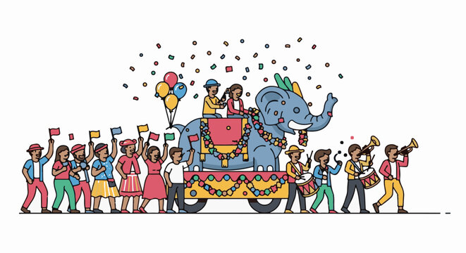 Festive parade features an elephant on a float people with flags and a band playing