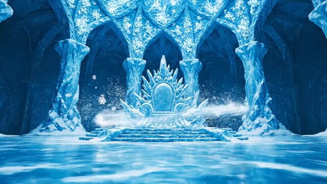 Frozen ice throne in a magical blue crystal palace hall