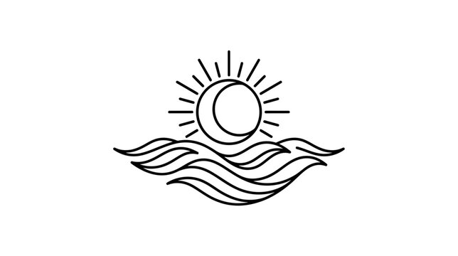 Minimalist sun and waves line art logo, celestial ocean symbol