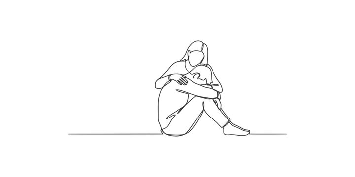 Continuous line drawing of a woman comforting a sad man sitting on the floor