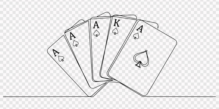 continuous line of playing cards. ace card single line vector ace card icon drawn in one line, transparent background, Single one line drawing set of four aces playing cards suits. Winning poker hand.