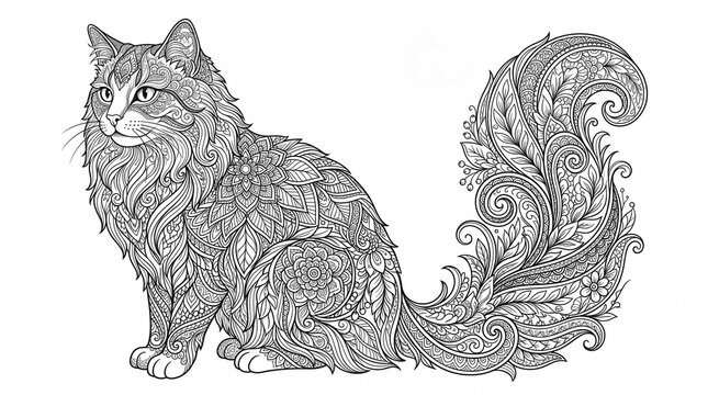 Zentangle Cat Coloring Page for Adults with Intricate Floral Patterns and Mandalas
