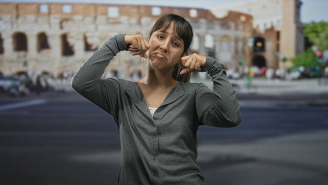 Young woman pinches her cheek and pulls down her mouth with fingers in front of an ancient building on a busy street; self mockery frustration.