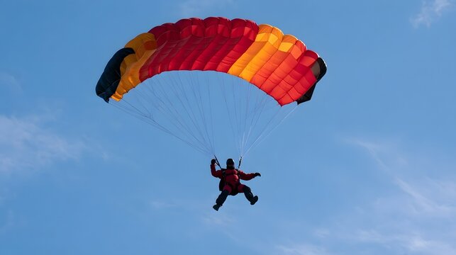 A person is parachuting with a large red and yellow canopy against a clear blue sky with wispy clouds