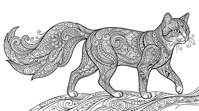 Graceful Cat Walking with Intricate Zentangle Patterns for Adult Coloring Page