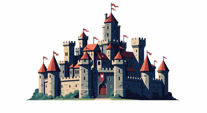 Majestic medieval castle with multiple towers red flags and a grand entrance surrounded by green foliage
