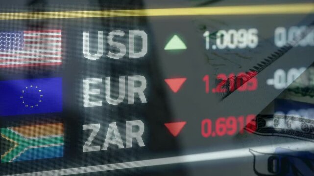 Digital screen displaying global currency exchange rates like USD, EUR, and ZAR with flags and market trend arrows representing forex trading.