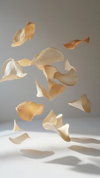 Potato chips flying in the air with shadows on a white surface and gray background