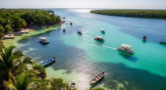 Aerial view of tropical island with boats and clear waters.