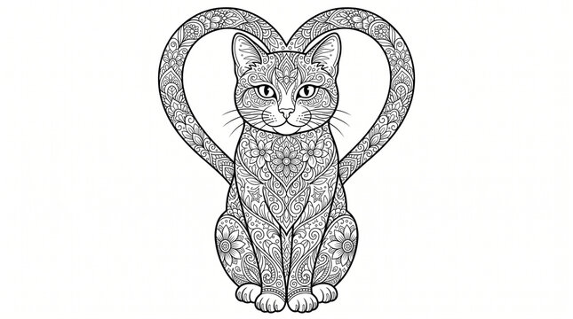 Zentangle Cat Coloring Page for Adults with Floral Mandala Pattern and Heart Frame